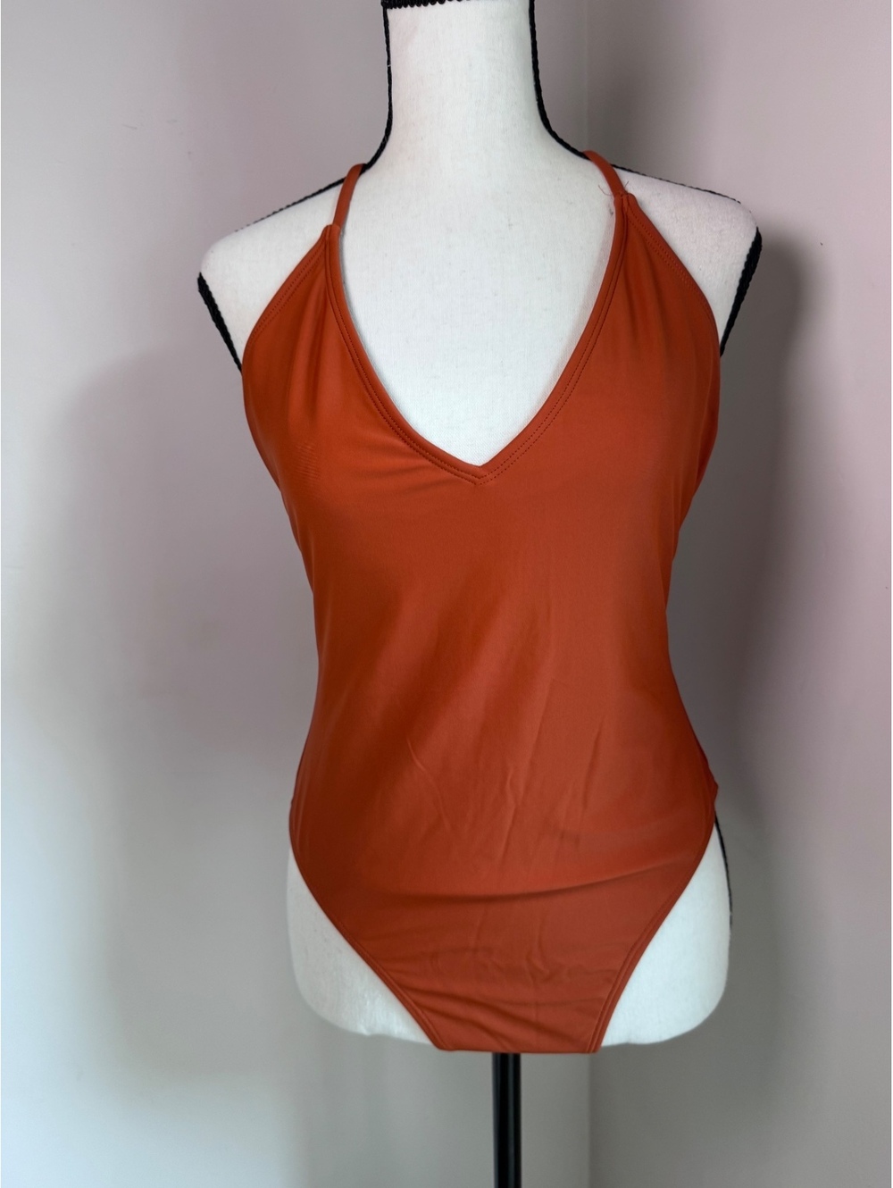 Rust Orange Women's One-Piece Swimsuit with Cross Back and Tie Detail - Size Not